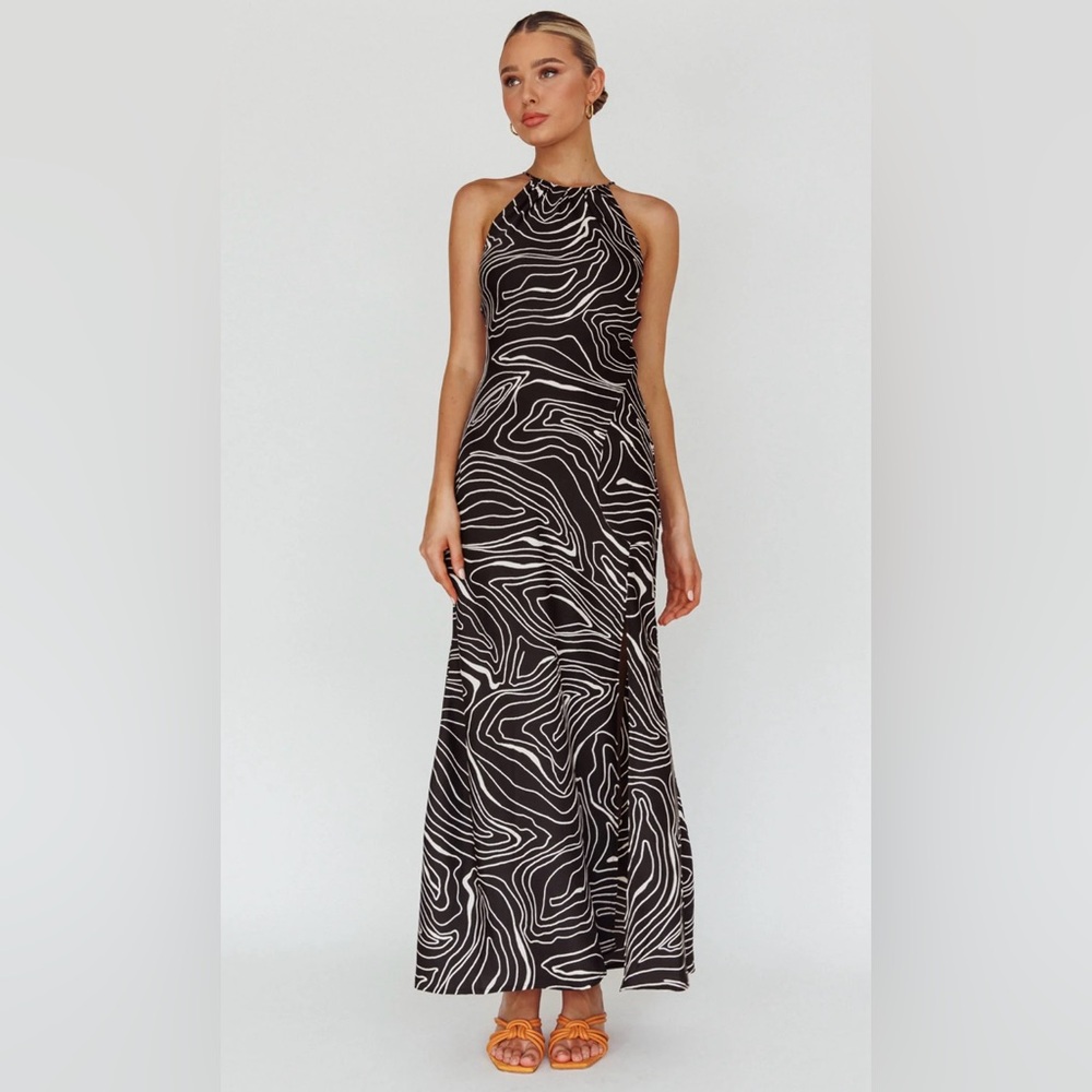 Here Come Sun Halter Lace Up Maxi Dress Small Brown Swirl Summer Resort Vacation - Picture 11 of 11